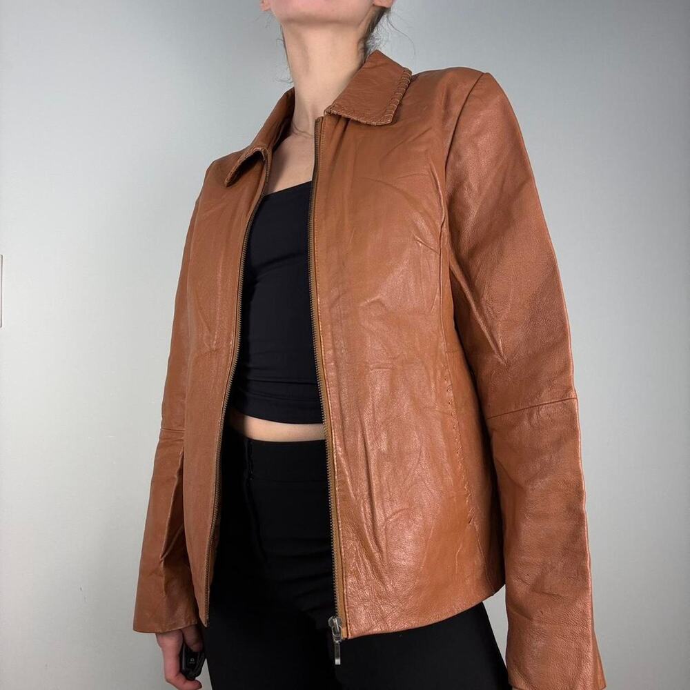 Brown Leather Jacket Collared Western Detailing E… - image 3
